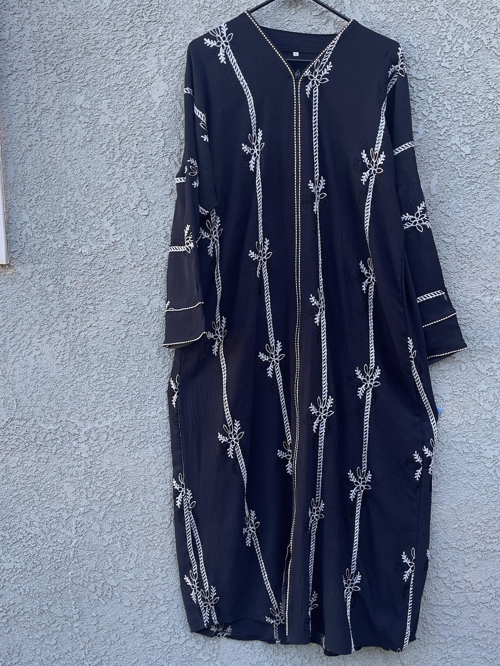 Black Embroidered Open Front Abaya Small Floral Beaded Long Sleeve Maxi